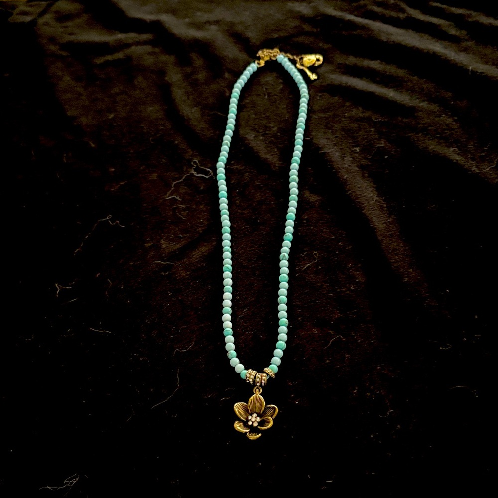 Fossil Turquoise Beaded Necklace with Gold Flower Pendant